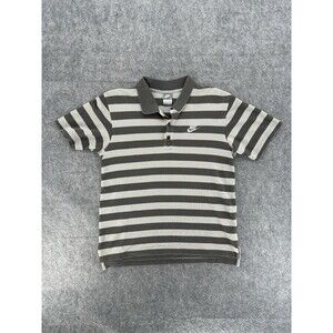 Nike Polo Shirt Mens XL Black Gray Striped Patch Logo 100% Cotton Vintage